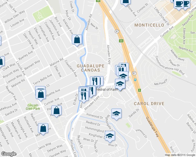 map of restaurants, bars, coffee shops, grocery stores, and more near 2248A Almaden Road in San Jose