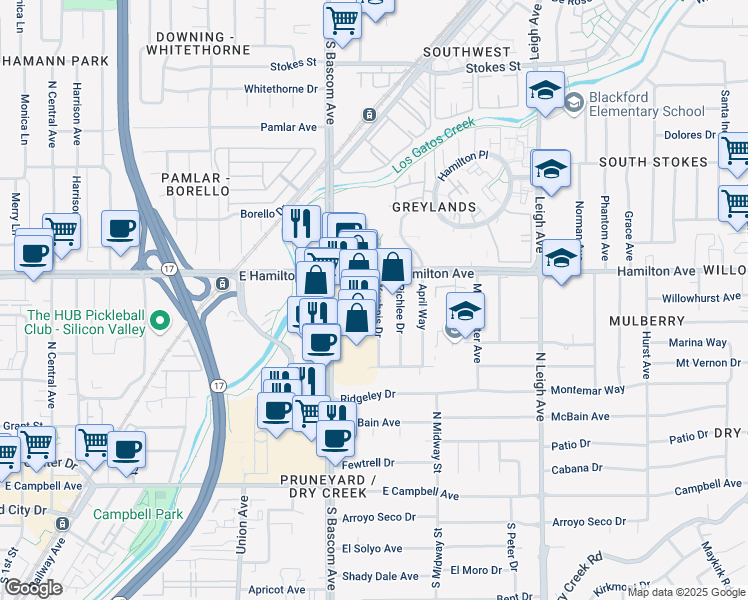 map of restaurants, bars, coffee shops, grocery stores, and more near 1656 South Bascom Avenue in Campbell