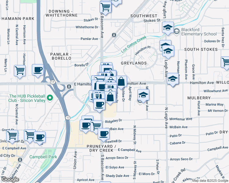 map of restaurants, bars, coffee shops, grocery stores, and more near 1656 South Bascom Avenue in Campbell