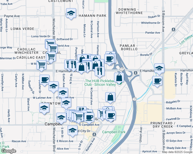 map of restaurants, bars, coffee shops, grocery stores, and more near 398 Harrison Avenue in Campbell