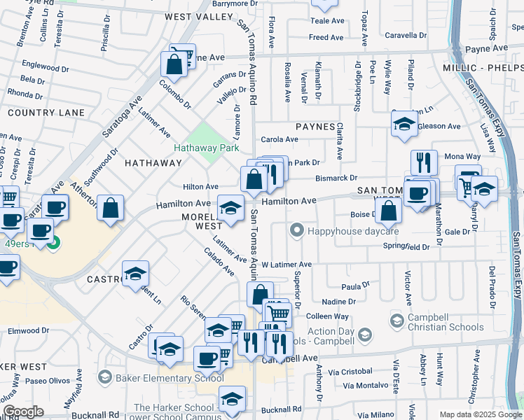 map of restaurants, bars, coffee shops, grocery stores, and more near 4141 Alberstone Drive in San Jose