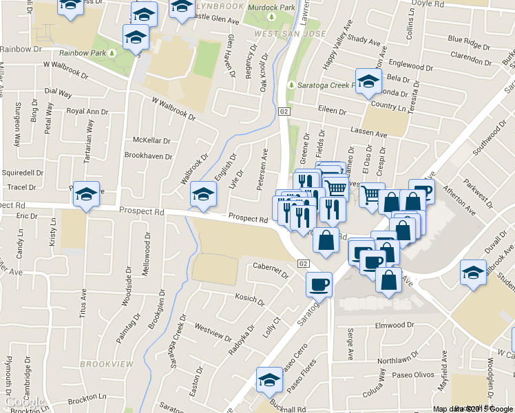 map of restaurants, bars, coffee shops, grocery stores, and more near 5475 Prospect Road in San Jose