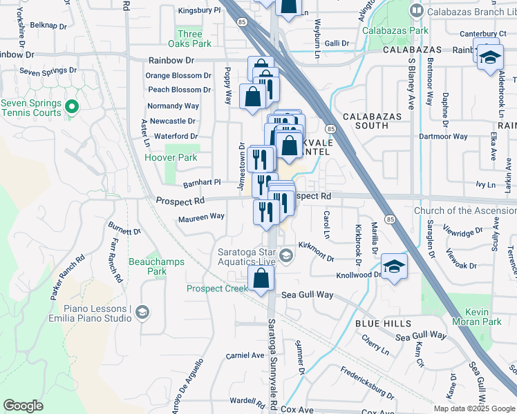 map of restaurants, bars, coffee shops, grocery stores, and more near 12062 Jamestown Court in Saratoga