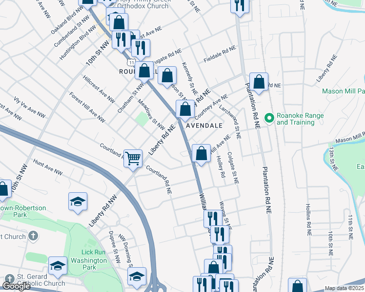 map of restaurants, bars, coffee shops, grocery stores, and more near 1-99 Laconia Avenue Northeast in Roanoke