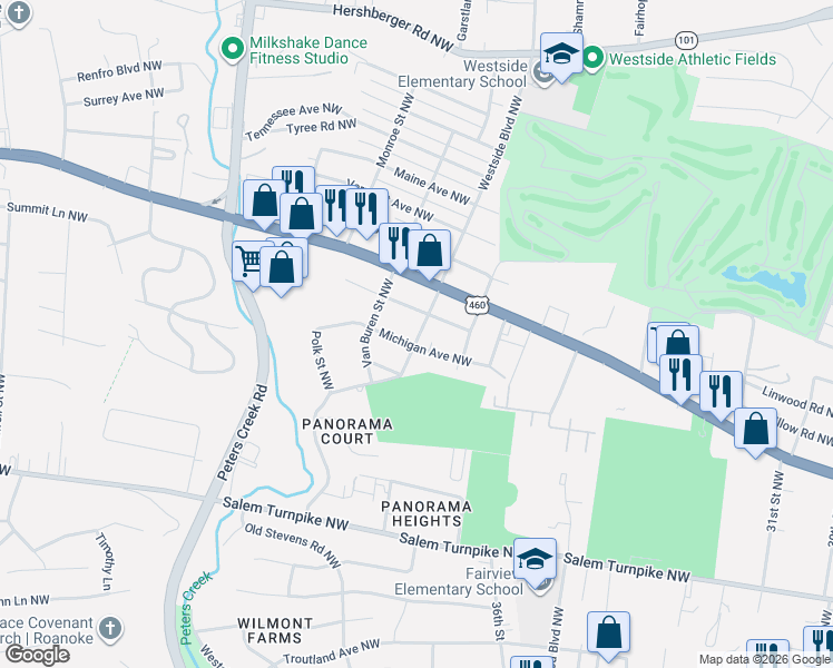 map of restaurants, bars, coffee shops, grocery stores, and more near 3904 Michigan Avenue Northwest in Roanoke