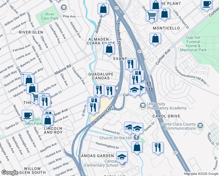 map of restaurants, bars, coffee shops, grocery stores, and more near 2248A Almaden Road in San Jose