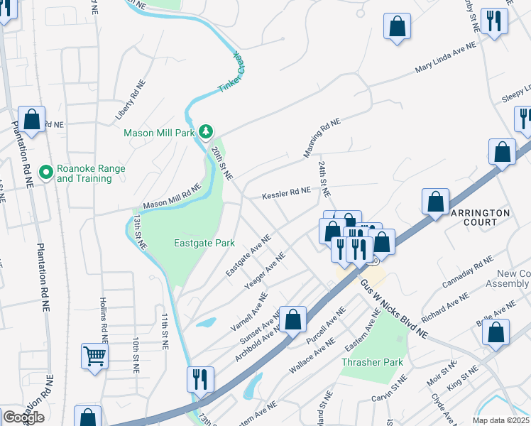 map of restaurants, bars, coffee shops, grocery stores, and more near 1732 20th Street Northeast in Roanoke