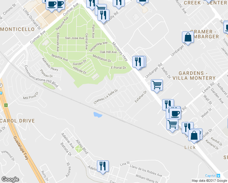 map of restaurants, bars, coffee shops, grocery stores, and more near 139 Chateau La Salle Drive in San Jose