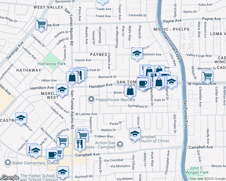 map of restaurants, bars, coffee shops, grocery stores, and more near 3903 Boise Drive in San Jose