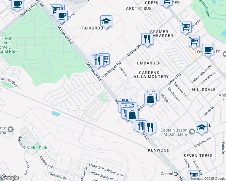 map of restaurants, bars, coffee shops, grocery stores, and more near 2772 Monterey Highway in San Jose