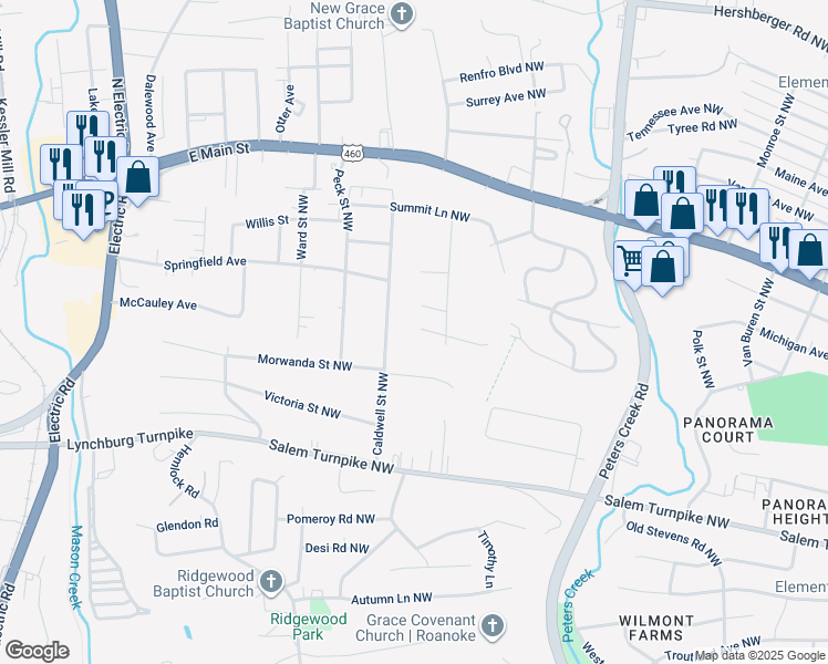 map of restaurants, bars, coffee shops, grocery stores, and more near 828 Brownwood Drive Northwest in Roanoke