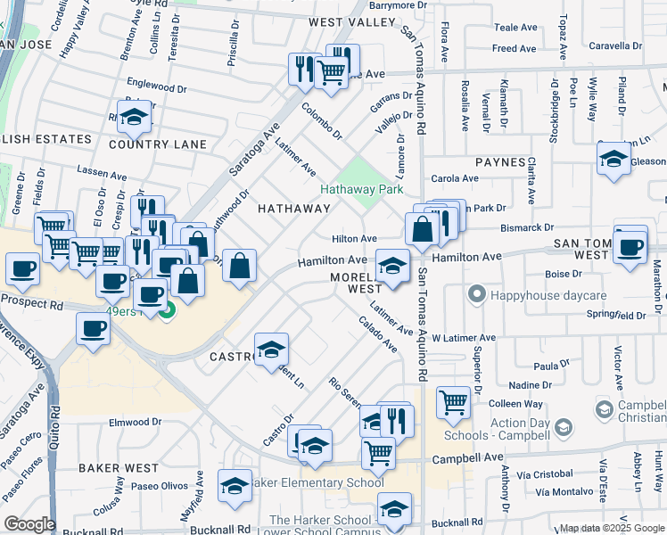 map of restaurants, bars, coffee shops, grocery stores, and more near 4470 Hamilton Avenue in San Jose