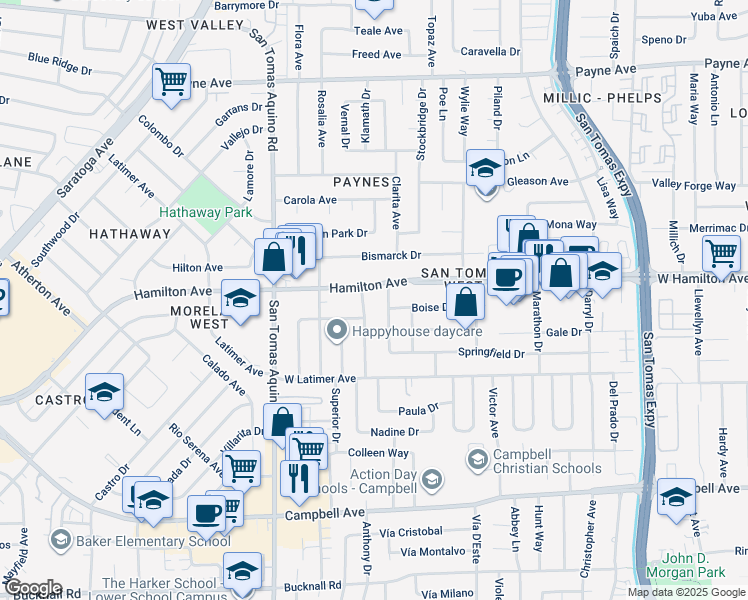 map of restaurants, bars, coffee shops, grocery stores, and more near 1614 Cloverdale Lane in San Jose