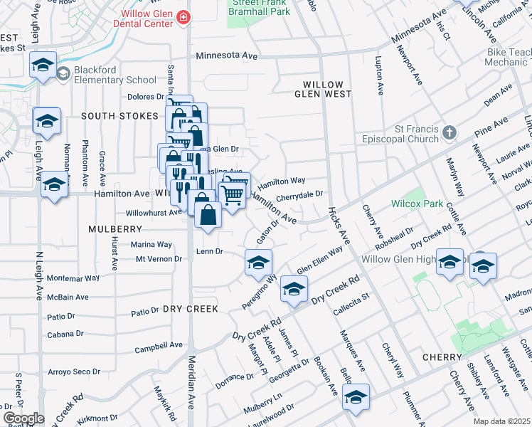 map of restaurants, bars, coffee shops, grocery stores, and more near 1623 Fruitwood Court in San Jose
