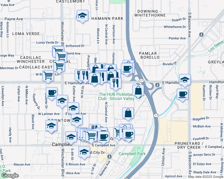 map of restaurants, bars, coffee shops, grocery stores, and more near 398 Harrison Avenue in Campbell