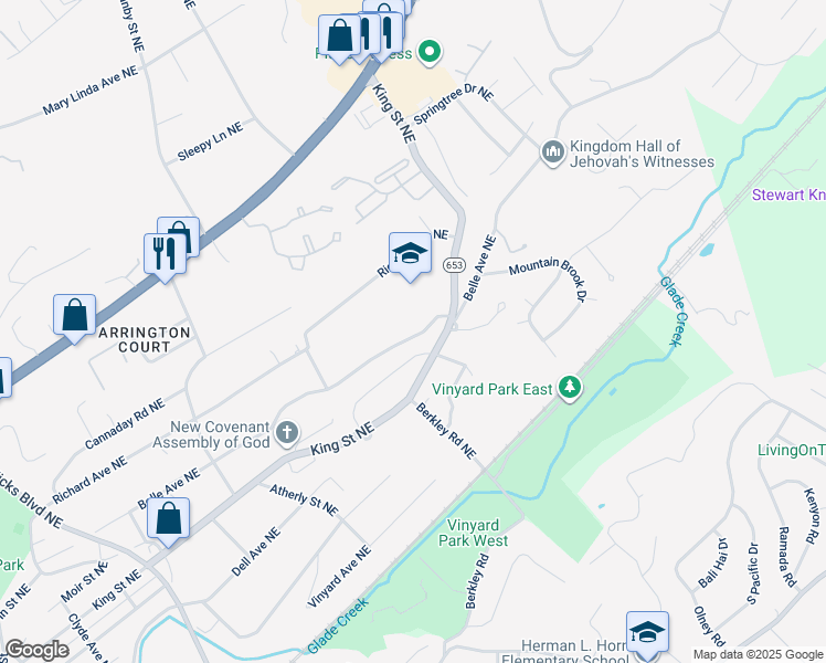 map of restaurants, bars, coffee shops, grocery stores, and more near 3232 Belle Avenue Northeast in Roanoke