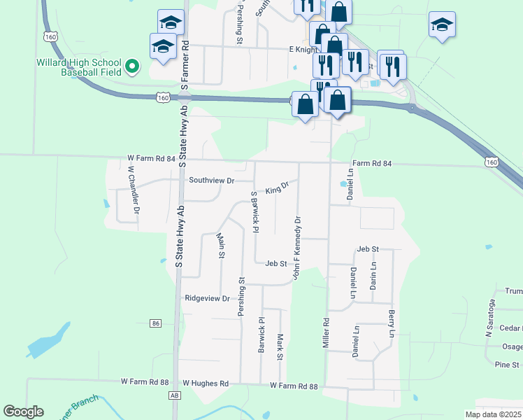 map of restaurants, bars, coffee shops, grocery stores, and more near 613 Barwick Place in Willard