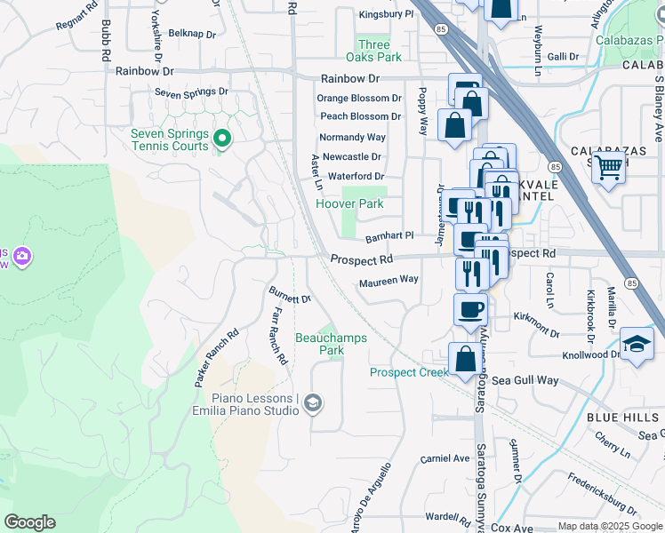 map of restaurants, bars, coffee shops, grocery stores, and more near 20904 Prospect Road in Saratoga