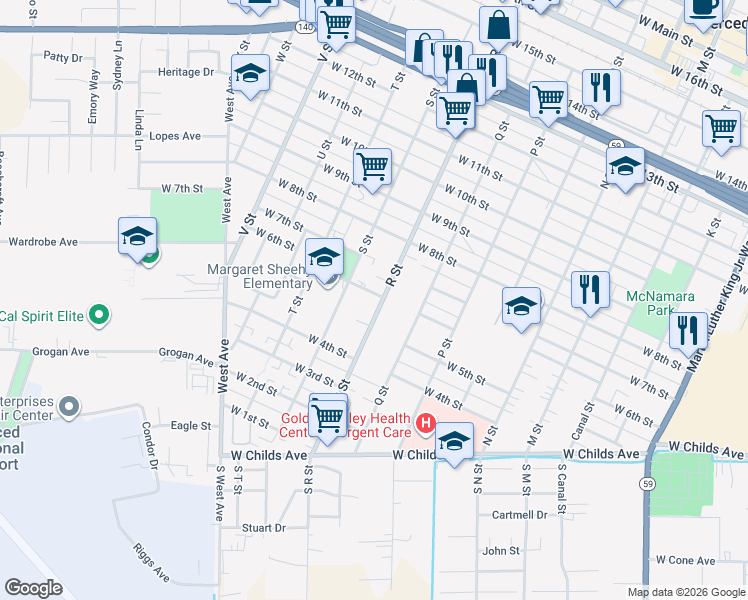 map of restaurants, bars, coffee shops, grocery stores, and more near 511 R Street in Merced