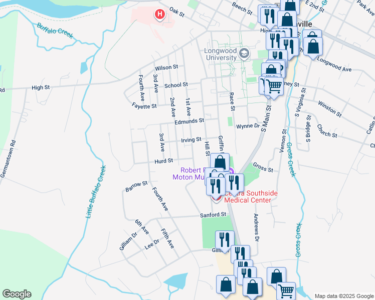 map of restaurants, bars, coffee shops, grocery stores, and more near 707 1st Avenue in Farmville