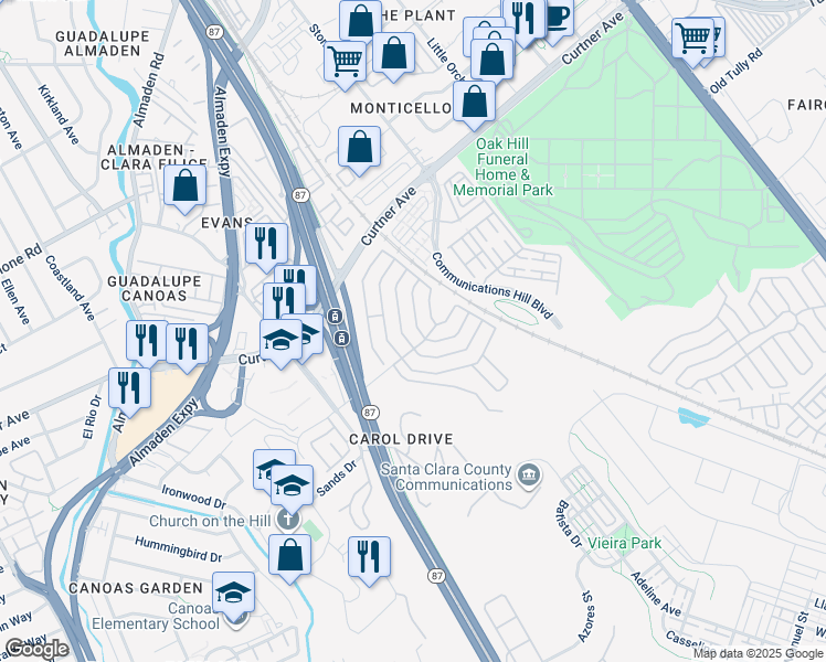 map of restaurants, bars, coffee shops, grocery stores, and more near 464 Mill Pond Drive in San Jose