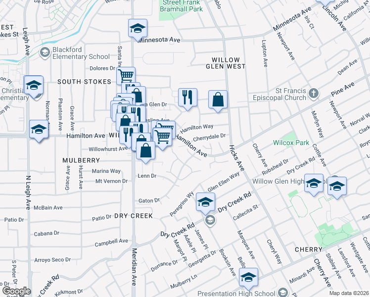 map of restaurants, bars, coffee shops, grocery stores, and more near 1623 Fruitwood Court in San Jose