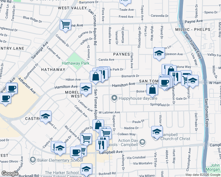 map of restaurants, bars, coffee shops, grocery stores, and more near 4077 Alberstone Drive in San Jose
