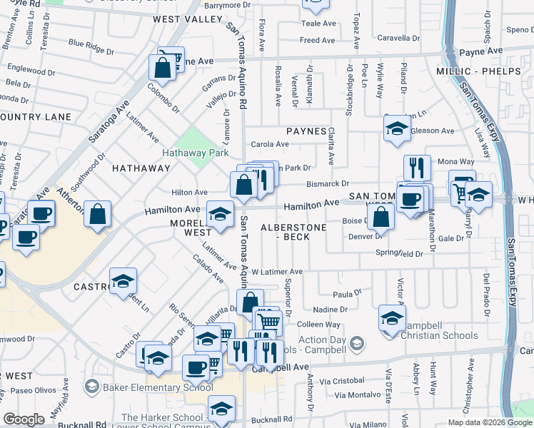 map of restaurants, bars, coffee shops, grocery stores, and more near 4141 Alberstone Drive in San Jose