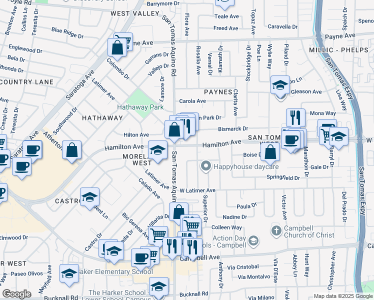 map of restaurants, bars, coffee shops, grocery stores, and more near 4141 Alberstone Drive in San Jose