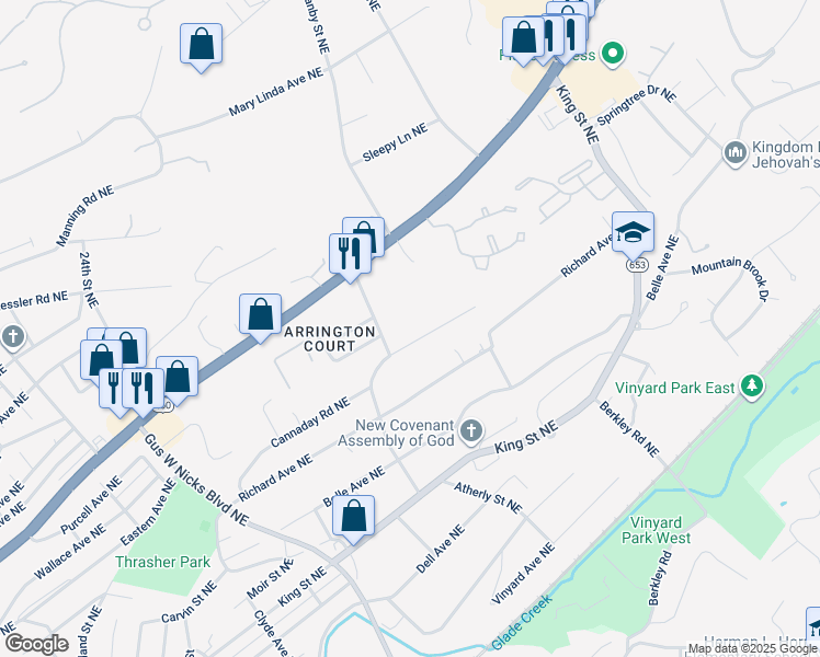 map of restaurants, bars, coffee shops, grocery stores, and more near 2926 Cannaday Road Northeast in Roanoke