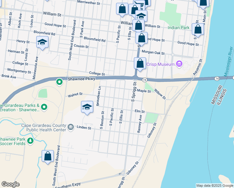 map of restaurants, bars, coffee shops, grocery stores, and more near 845 Walnut Street in Cape Girardeau