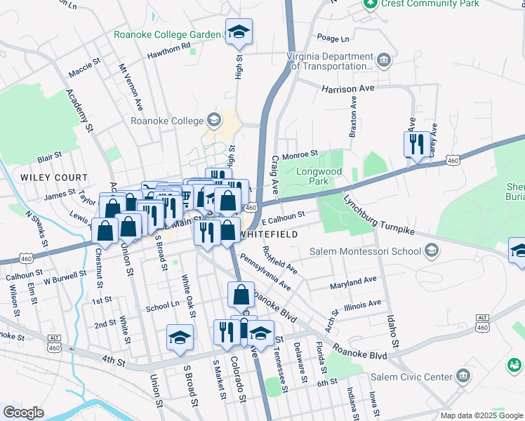 map of restaurants, bars, coffee shops, grocery stores, and more near 502 East Main Street in Salem