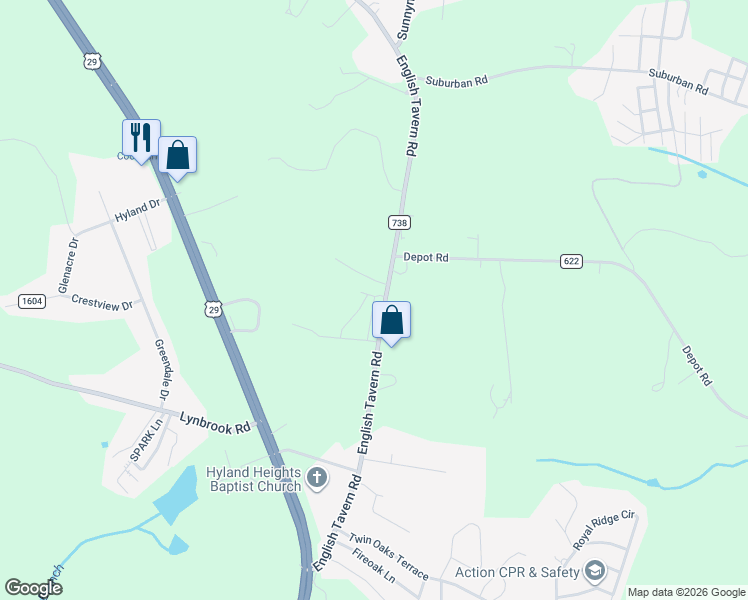 map of restaurants, bars, coffee shops, grocery stores, and more near 689 English Tavern Road in Rustburg
