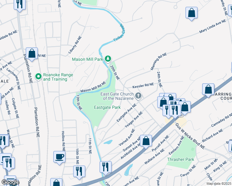 map of restaurants, bars, coffee shops, grocery stores, and more near 1821 North Avenue Northeast in Roanoke