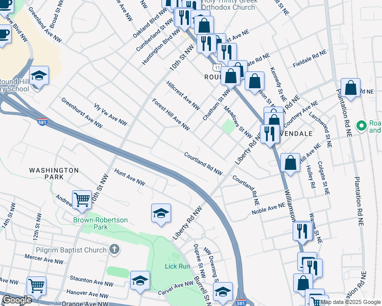 map of restaurants, bars, coffee shops, grocery stores, and more near 2909 Courtland Road Northwest in Roanoke
