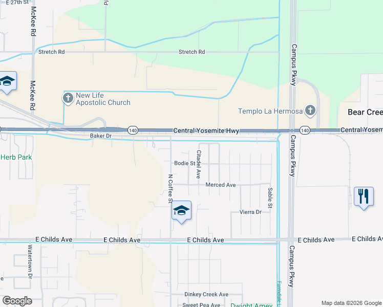 map of restaurants, bars, coffee shops, grocery stores, and more near 336 Pyramid Avenue in Merced