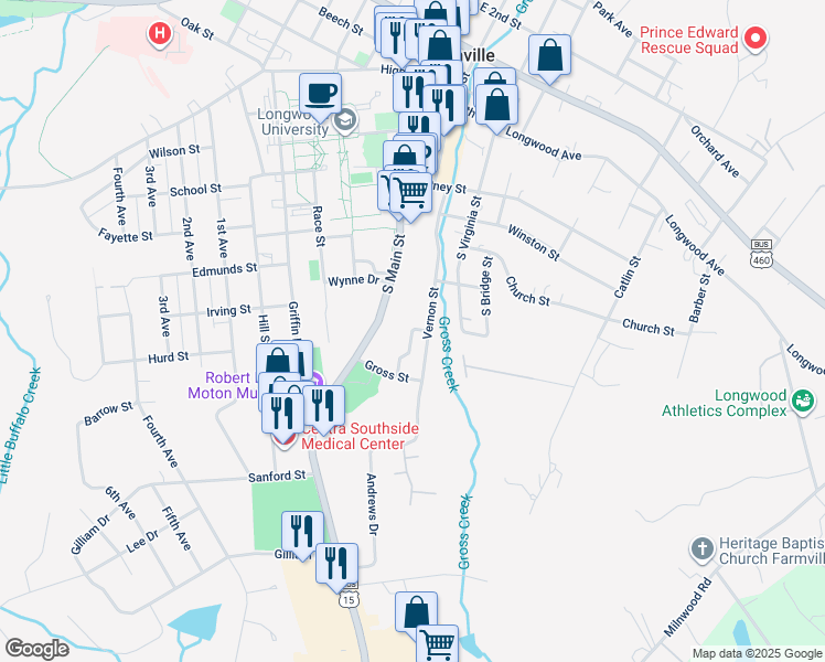 map of restaurants, bars, coffee shops, grocery stores, and more near 508 Front Street in Farmville