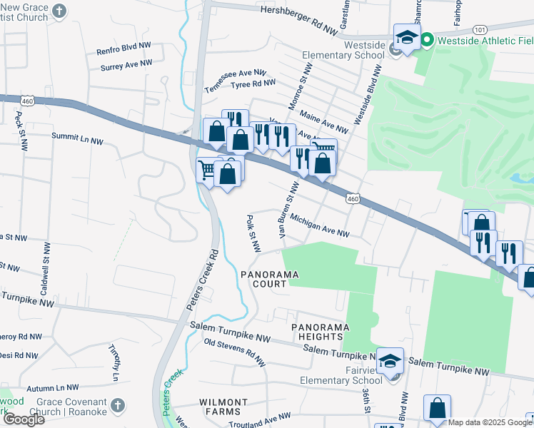 map of restaurants, bars, coffee shops, grocery stores, and more near 4024 Michigan Avenue Northwest in Roanoke