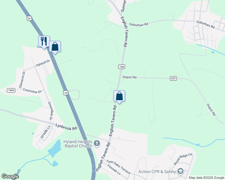 map of restaurants, bars, coffee shops, grocery stores, and more near 689 English Tavern Road in Rustburg