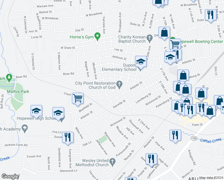 map of restaurants, bars, coffee shops, grocery stores, and more near 2407 Bluefield Street in Hopewell