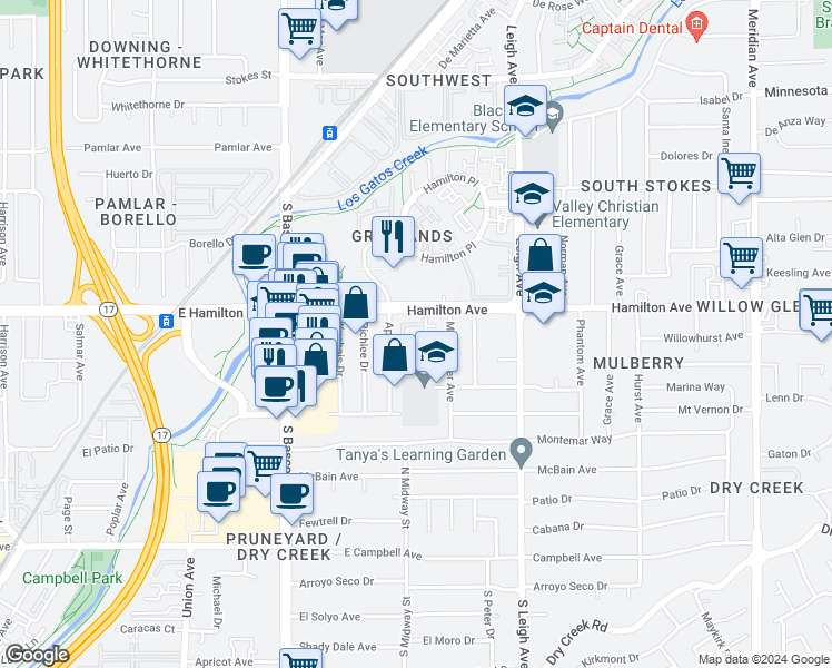 map of restaurants, bars, coffee shops, grocery stores, and more near 475 Dover Way in Campbell