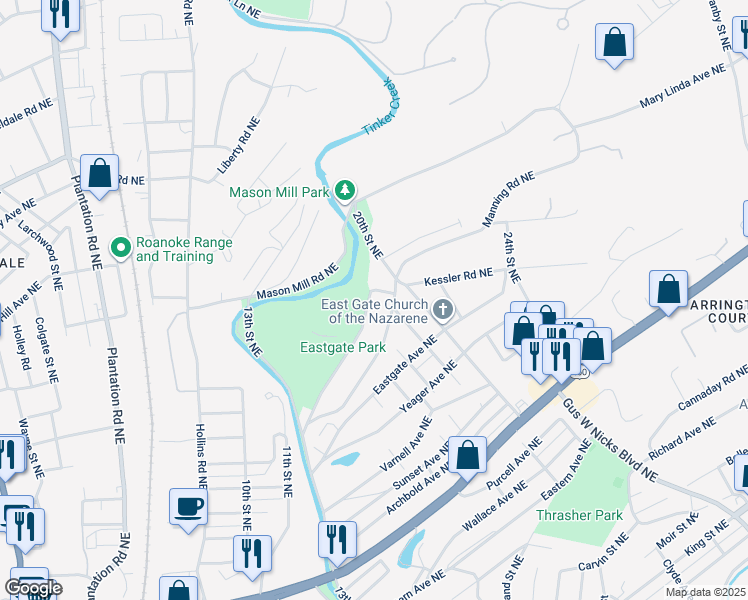 map of restaurants, bars, coffee shops, grocery stores, and more near 1821 North Avenue Northeast in Roanoke