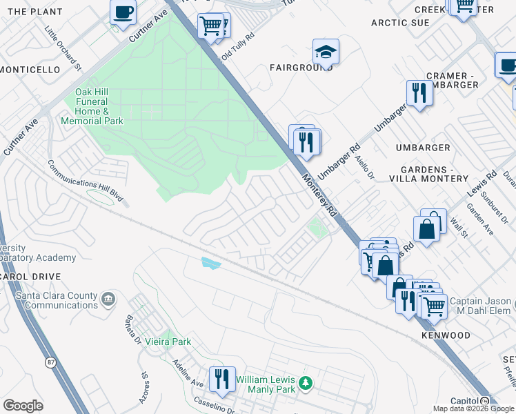 map of restaurants, bars, coffee shops, grocery stores, and more near 238 Chateau La Salle Drive in San Jose