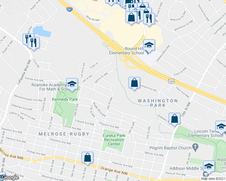 map of restaurants, bars, coffee shops, grocery stores, and more near 1523 16th Street Northwest in Roanoke