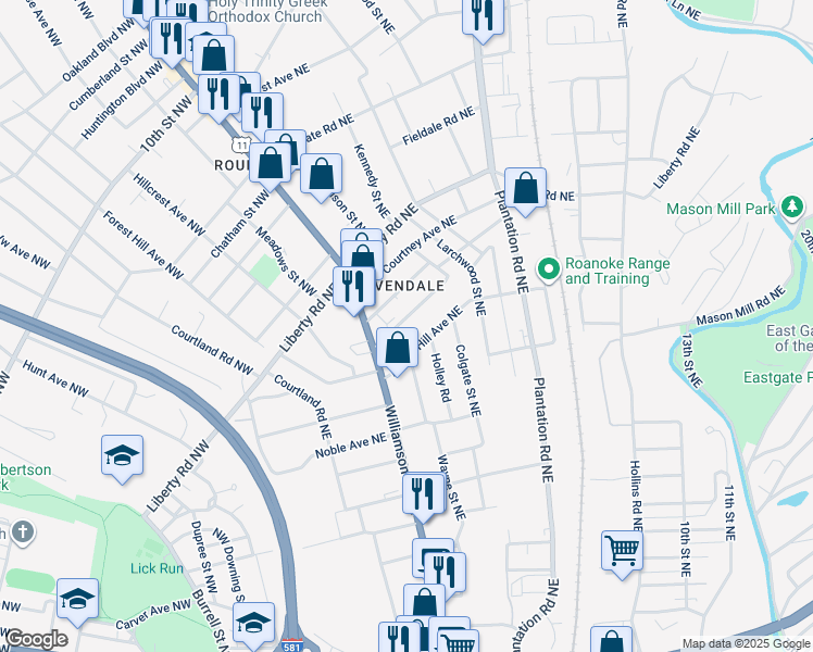 map of restaurants, bars, coffee shops, grocery stores, and more near 135 Laconia Avenue Northeast in Roanoke