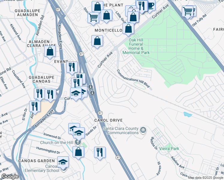 map of restaurants, bars, coffee shops, grocery stores, and more near 464 Mill Pond Drive in San Jose