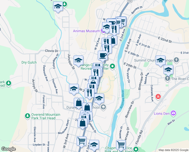 map of restaurants, bars, coffee shops, grocery stores, and more near 2611 West 2nd Avenue in Durango