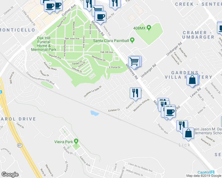 map of restaurants, bars, coffee shops, grocery stores, and more near 341 Chateau La Salle Drive in San Jose