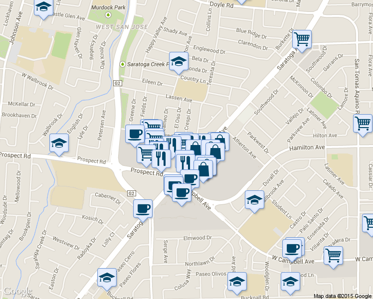 map of restaurants, bars, coffee shops, grocery stores, and more near 5205 Prospect Road in San Jose