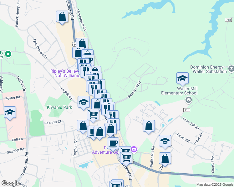 map of restaurants, bars, coffee shops, grocery stores, and more near 121 Reserve Way in Williamsburg